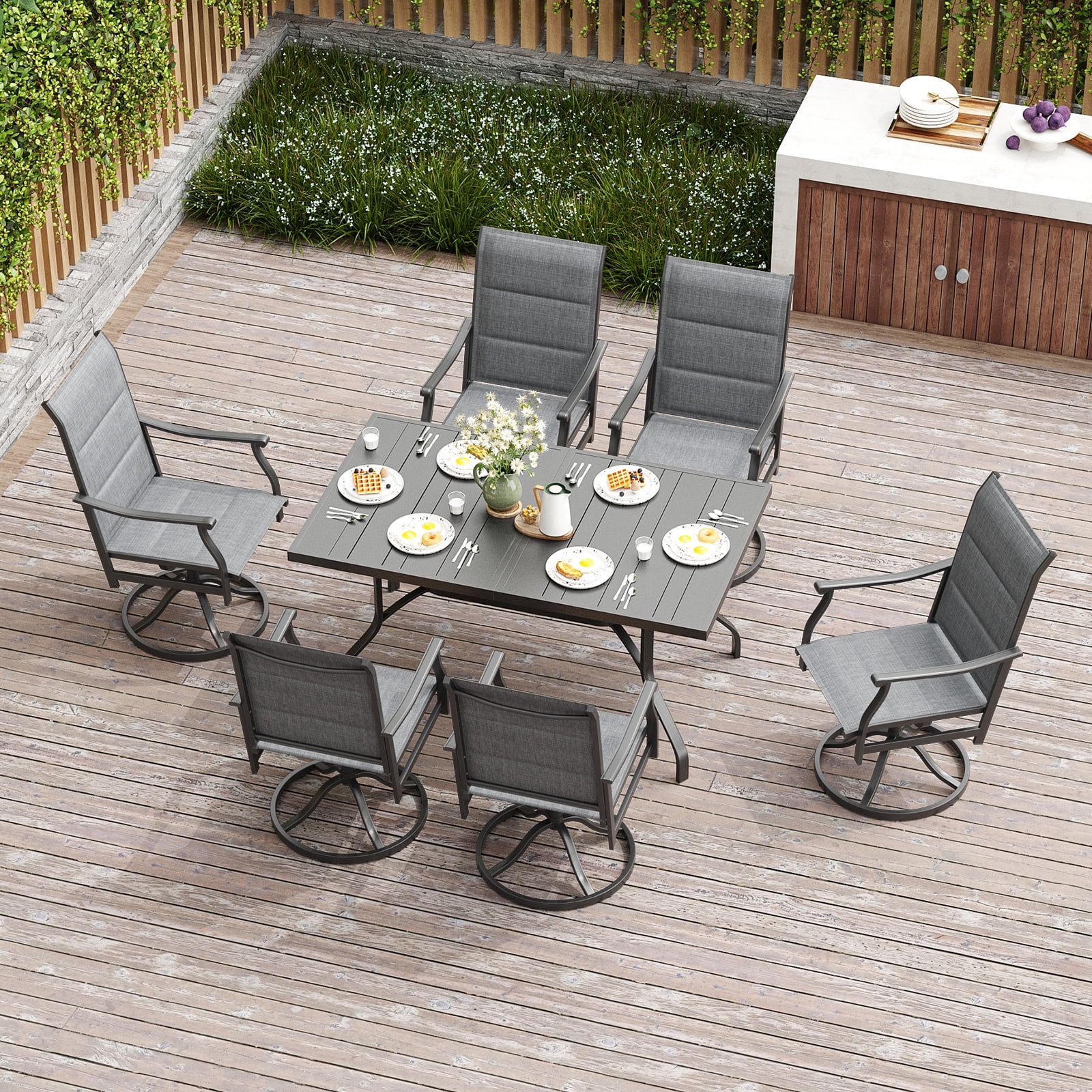 MAYEERTY 7-Piece Patio Dining Set:1 Black Rectangular Table with 1.57" Umbrella Hole & 6 Gray Paded Swivel Textilene Chairs