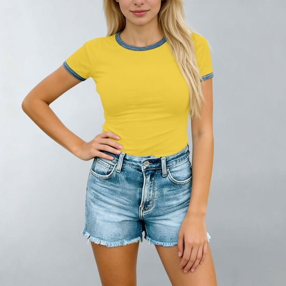 Craaazy Women Slim Fit Crew Neck Short Sleeve Topss Imitation Denim Color Block T Shirts for Summer Gifts