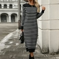 thumbnail image 7 of IDOPIP Womens 2024 Fall Striped Sweater Dresses Long Sleeve Crew Neck Slim Knit Midi Dress M Black, 7 of 7