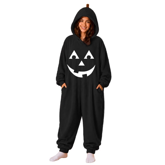 2026 Halloween Pumpkin Onesie BWASD Unisex Adult Loose Fit Soft Furry Hooded Onesiet Pajamas Zip Plush Thick Warm Sleepwear for Halloween Party Night and Gift Black,L