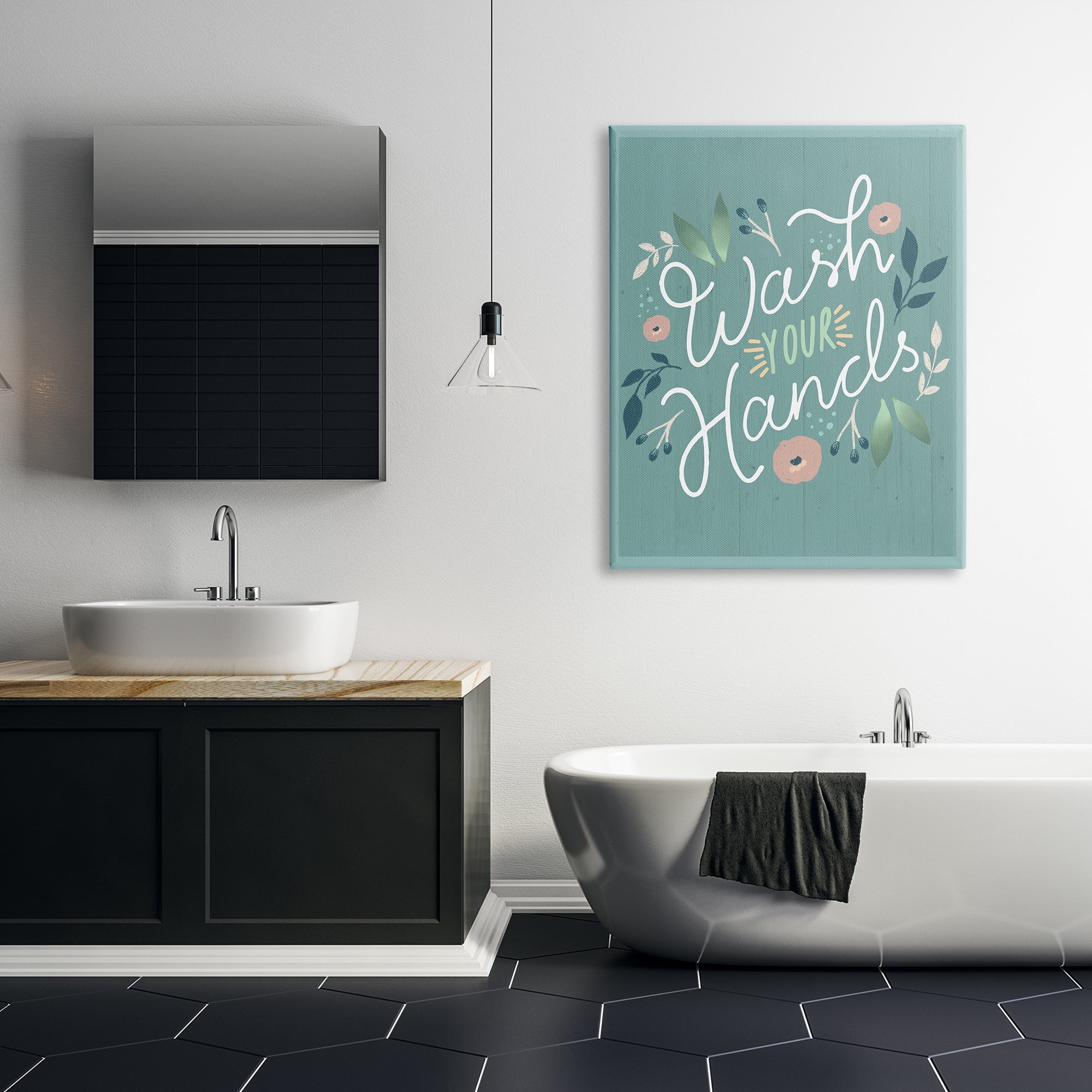 Stupell Industries Wash Your Hands Pink Florals Green Farmhouse Pattern, 36 x 48, Design by Louise Allen