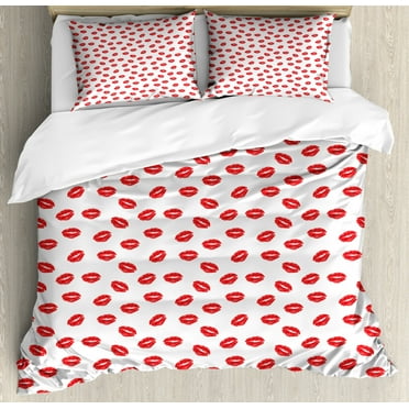 Lips Duvet Cover Set Queen Size, Attractive Kisses Imprint Inspired Repeating Pattern on Plain Background Romance, 3 Piece Bedding Set with 2 Pillow Shams, Scarlet White, by Ambesonne