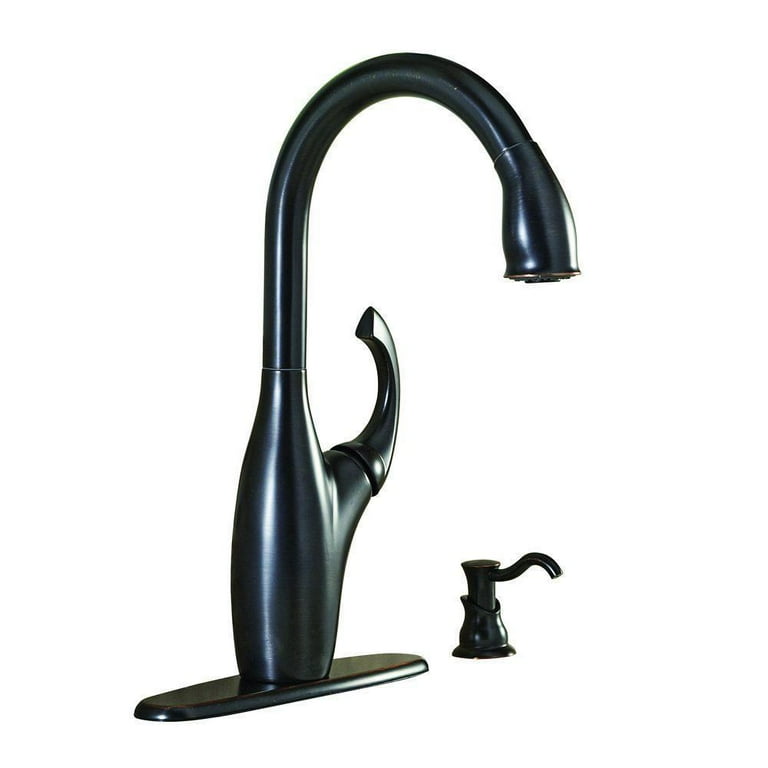 Contemporary Single-Handle Pull-Down Sprayer Kitchen Faucet with Soap Dispenser in Mediterranean Bronze Contemporary Single-Handle Pull-Down Sprayer Kitchen Faucet with Soap Dispenser in Mediterranean Bronze