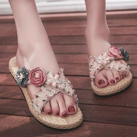 

Spring Savings Clearance 2023!AXXD White Sandals Beach Shoes Flax Outdoor Flower Antiskid Sandals Slipper For Regular&Big Women Clearance Size 9.5-10