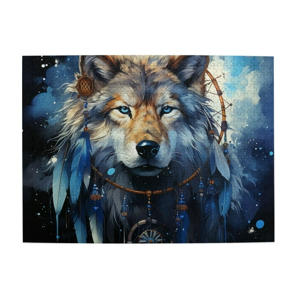 500 Pc Jigsaw Puzzle Large Piece Picture Puzzles Unique Gift Idea Family Game Friends - Wolf Indian Dream Starry