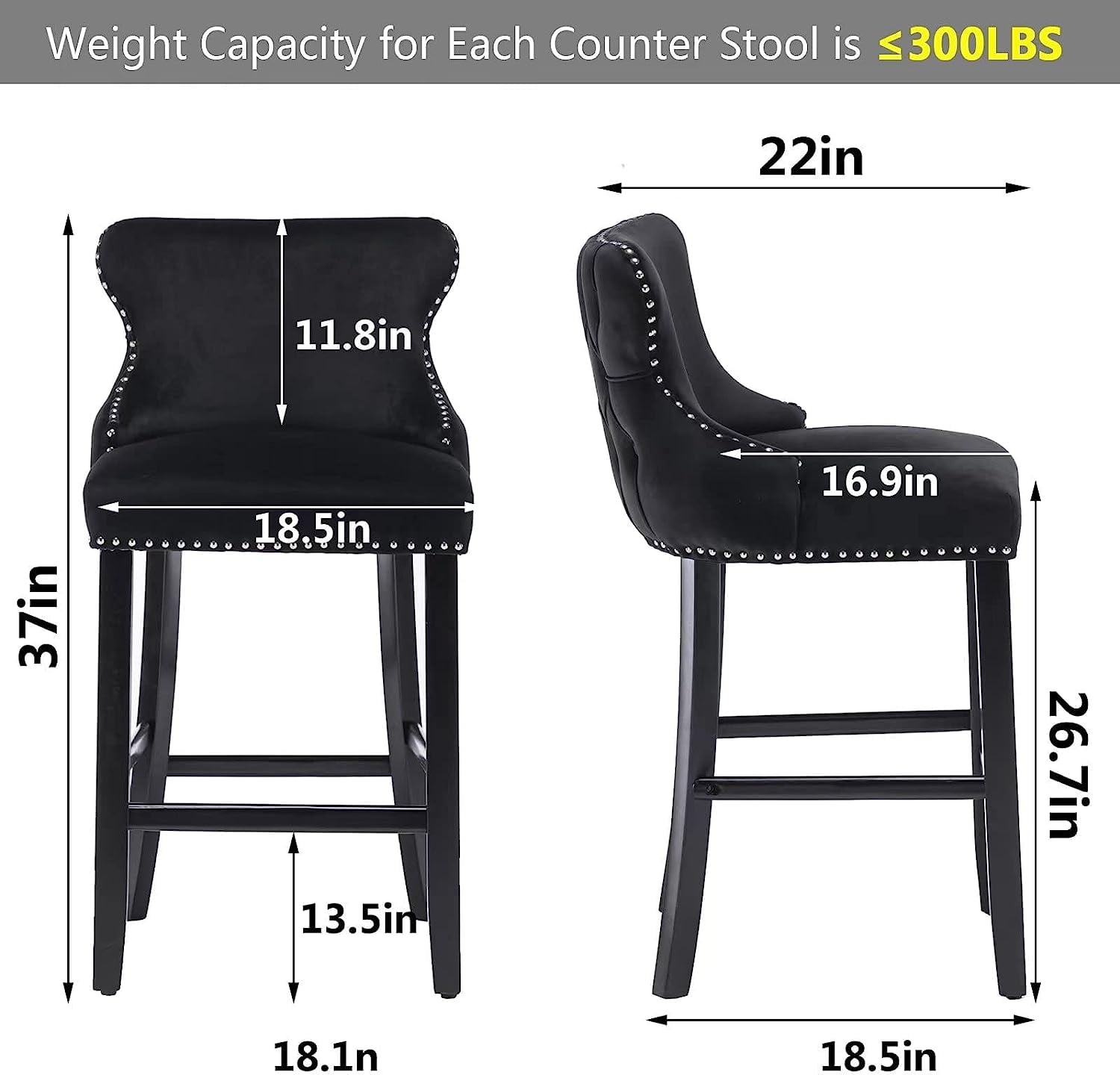 Seizeen Counter Height Bar Stools, Set of 2, Wing-back Velvet Dining Chairs with Soft Cushion, Solid Wood Legs, Button Tufted Decoration and Chrome Nailhead Trim, Black