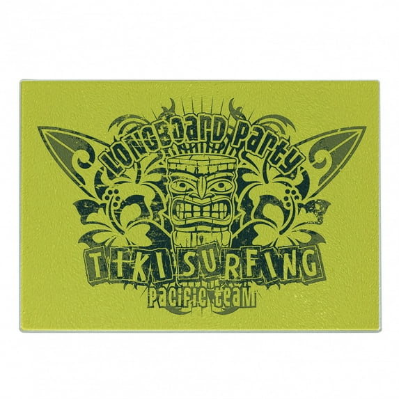 Tiki Bar Cutting Board, Tiki Surf Team Longboard Party Grungy Display Hibiscus Flora Hawaiian, Decorative Tempered Glass Cutting and Serving Board, Small Size, Apple Green Dark Green, by Ambesonne