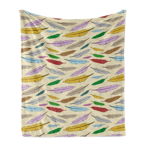 Retro Soft Flannel Fleece Throw Blanket, Print of Cartoon Style Colorful Feathers Floating Bohemian Elements, Cozy Plush for Indoor and Outdoor Use, 70" x 90", Eggshell and Multicolor, by Ambesonne