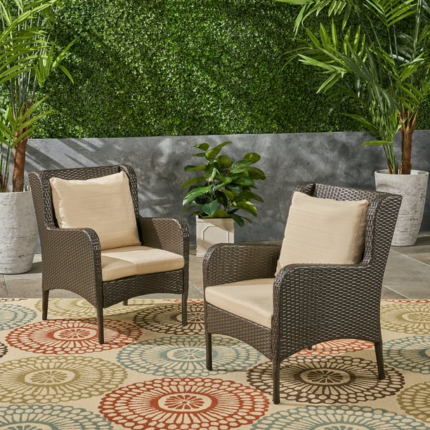 Jaylen Outdoor Wicker Club Chairs with Cushions, Set of 2, Multi Brown