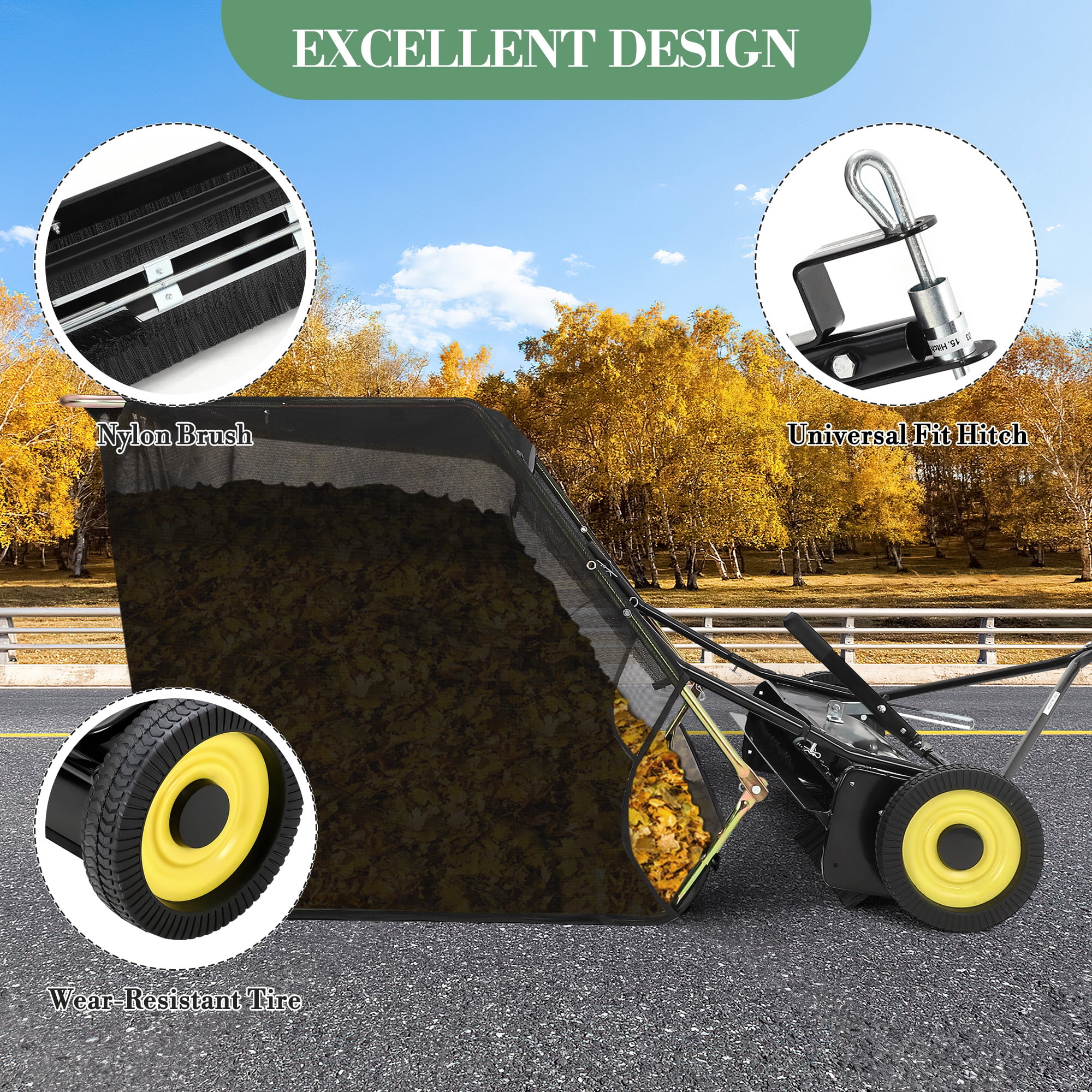 44-Inch ATV Lawn Sweeper, Easy-Empty Hopper with 4 Nylon Brushes (10-Inch Diameter), Universal Hitch & Sturdy Wheels, Black