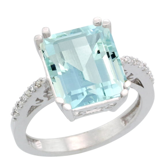 10K White Gold Diamond Natural Aquamarine Ring Emerald-cut 12x10mm, size 5