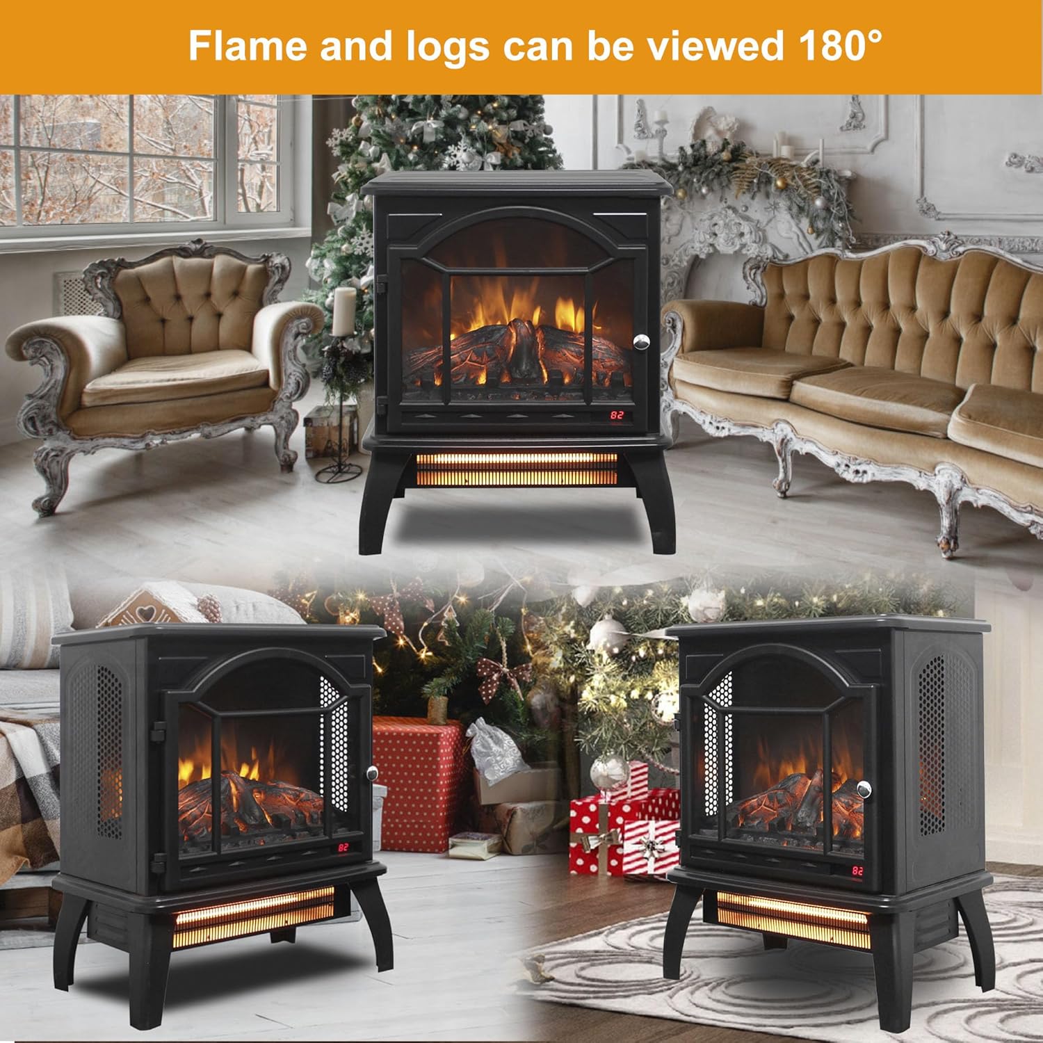 Innoflame 18" Electric Fireplace Virtual Stove, Infrared Quartz Heater w/3D Flame, Remote, Timer, Adjustable Temperature/Brightness, 1500W, Black
