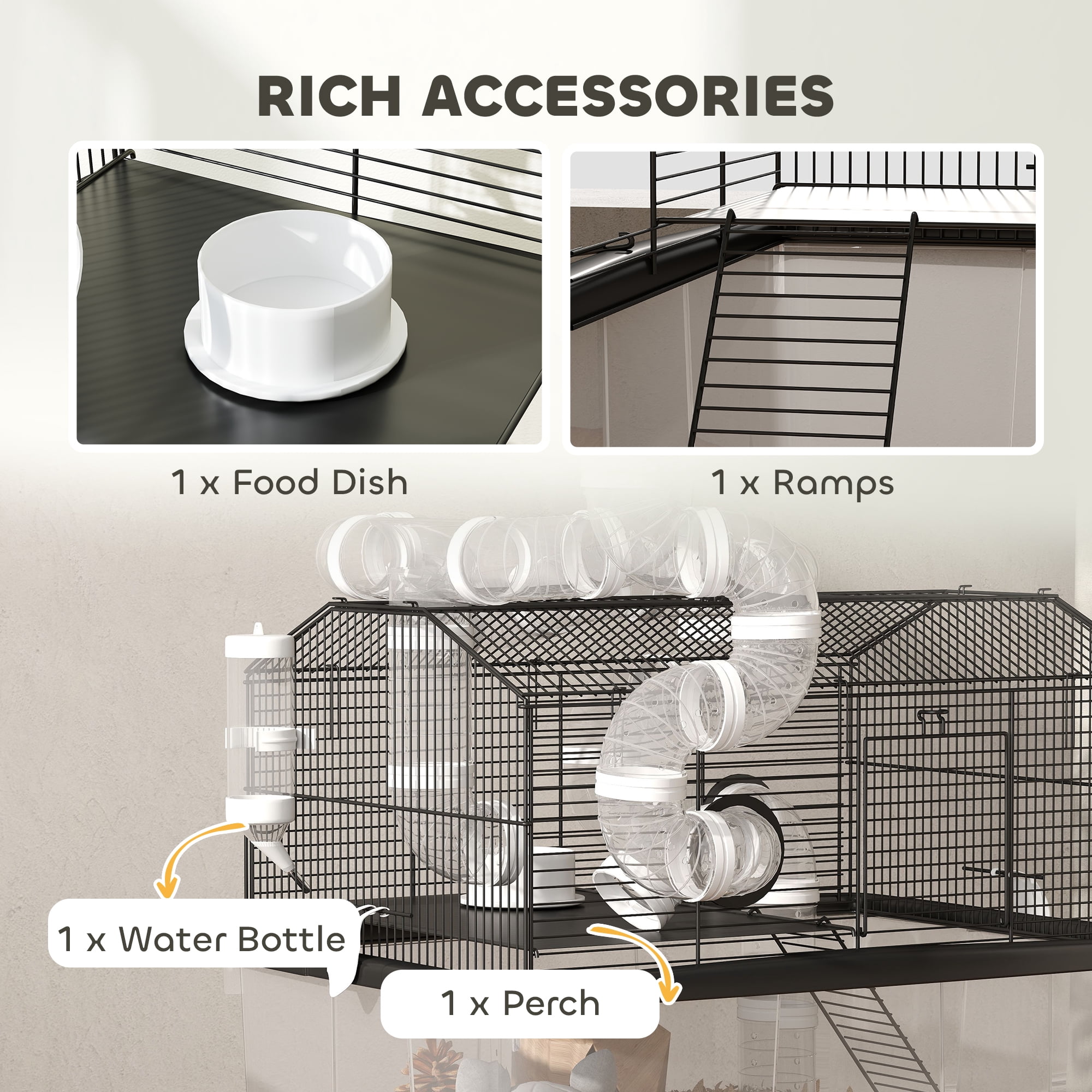 PawHut Hamster Cage with 12" Deep Tray, 2 Tier Gerbil Cage with Tube System, Water Bottle, Ramp, Feeding Bowl, 23" x 17" x 22", Black