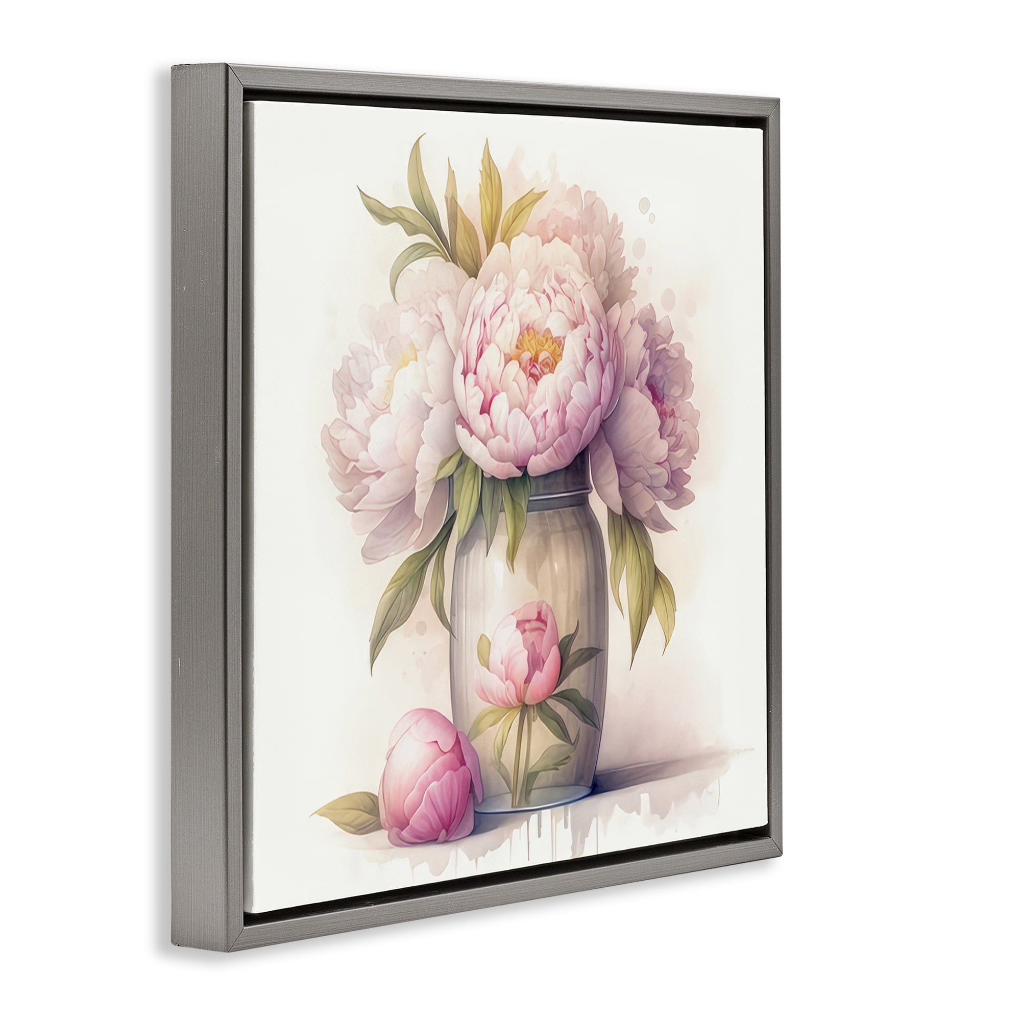 Stupell Industries Soft Pink Peonies Plants & Flowers Painting Gray Floater Framed Canvas Art Print Wall Art, 25 x 25