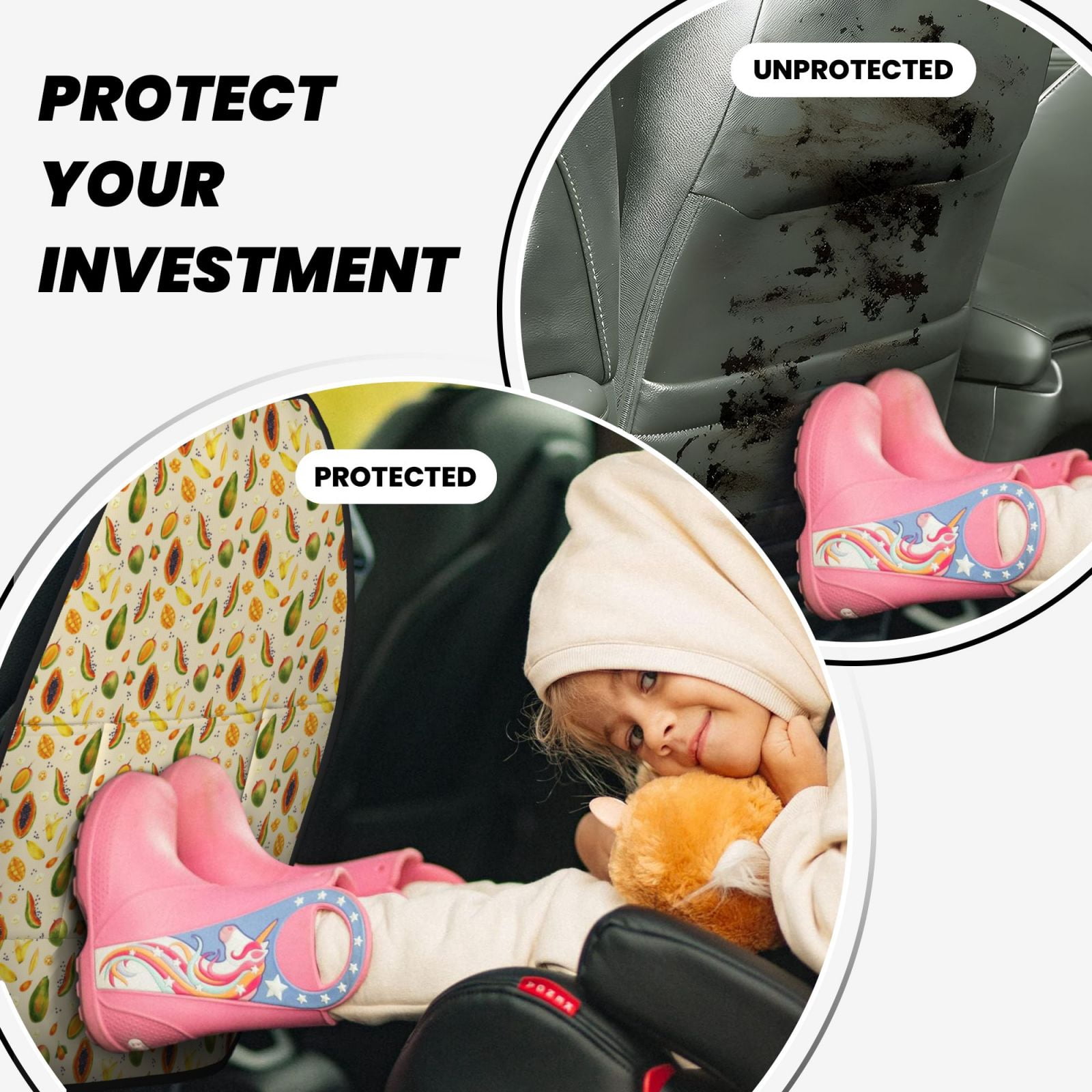 Kdxio Tropical Fruits Print 2 Pack Car Kick Mat Seat Cover Back Protector Mat with Pockets for Organizer Backseat Protector and Storage Anti Kick Pad for Vehicles