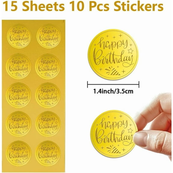Gold Embossed Sticker Seal Happy Birthday 1.4 Inch 150Pcs Self Adhesive Golden Around Embossing Decals for Invitation Envelope Seal Gift Card Certificate Decoration