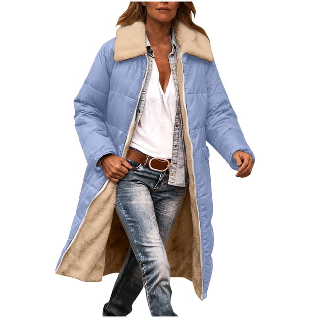 WRKEKC Coats for Women Winter Solid Color Loose Pocket Zip-Up Reversible Long Length Collared Cotton Coat Womens Reversible Cotton Coat for Winter Versatility