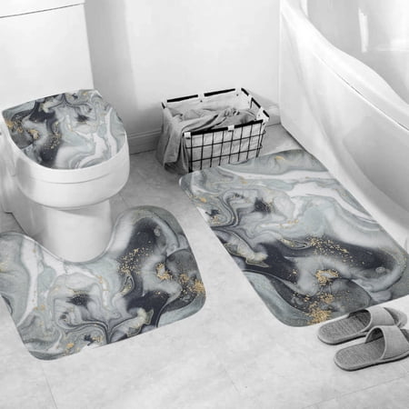 3Pcs Abstract Marble Stone Gray Bath Rugs Set,Bath Rug Mat + Contour Mat + Toilet Seat Cover, Super Soft Rugs