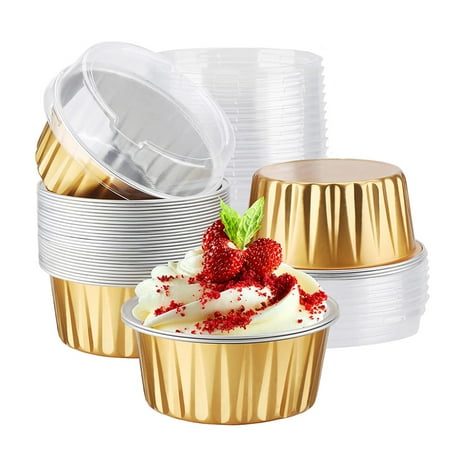 

50Pack Foil Baking Cups 125ml Muffin Liners Cups with Lids Aluminum Cupcake liners Disposable Foil Ramekins Pans Cupcake Baking Cups Aluminum Foil Cupcake Holders Liners - Gold