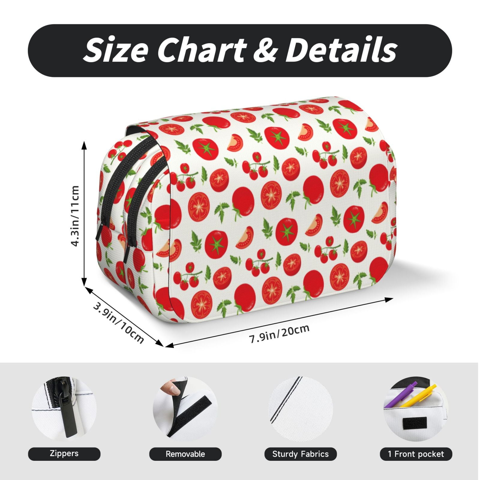 Rateoe Fresh Red Tomato Pattern Double Clamshell Pen Case, Storage Organizer with Two Zipper Compartments– Holds Up to 50 Pencils & Pens