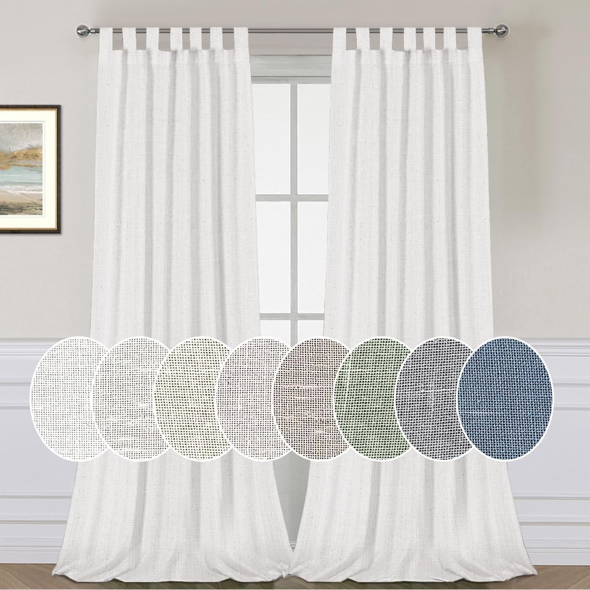 Primebeau Natural Linen Blended Tab Top Semi Sheer Window Curtain Panels, 52"" W x 96"" L, White