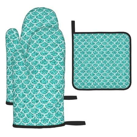 

Kitchen Baking 3 Piece Set Microwave Heat Proof Hand Set Oven Mitts For Kitchen Open Lid Microwave Oven Dishes Outdoor Barbecue Glitter Teal Mermaid Scales Pattern