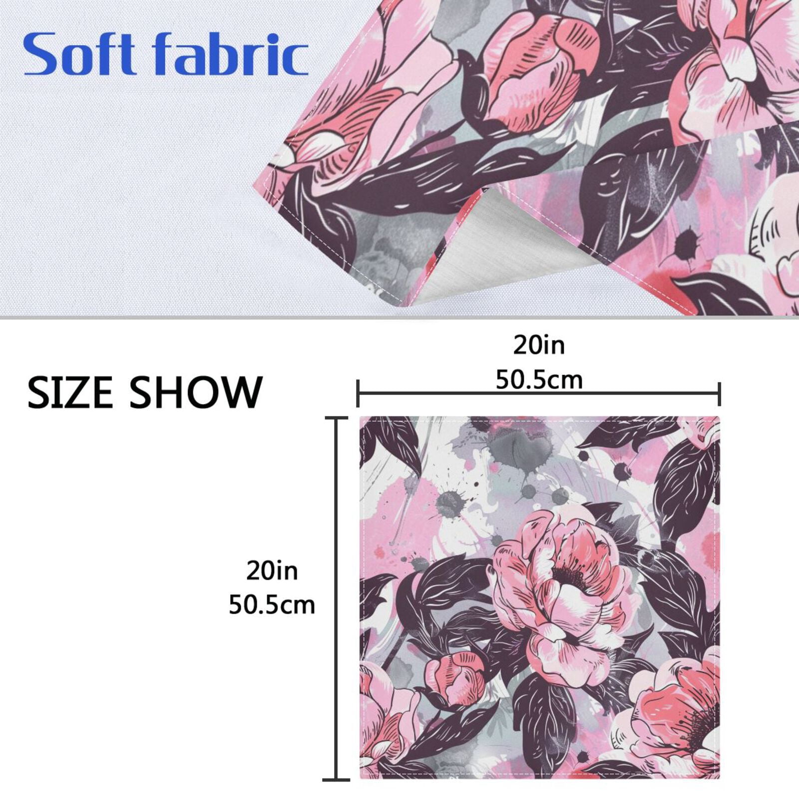 JSTEL Pink Peony Flower Watercolor Cloth Napkins Set of 6, 20x20 Inch Washable and Reusable Napkin for Decoupage Dinner Party Everyday Use