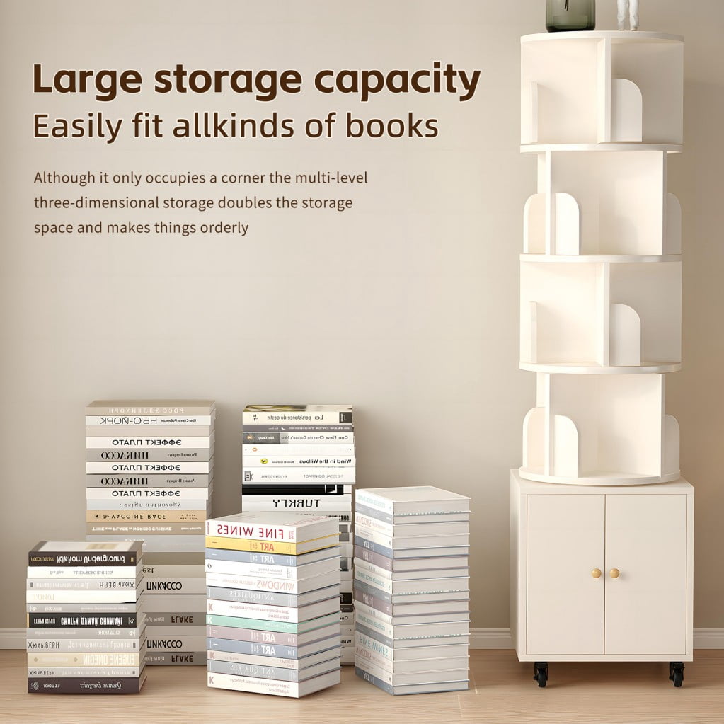 5-Tier Rotating Bookshelf with Drawer, 360° Spinning Corner Bookcase, Narrow Space-Saving Floor Standing Storage Rack for Bedroom, Living Room & Small Spaces, White