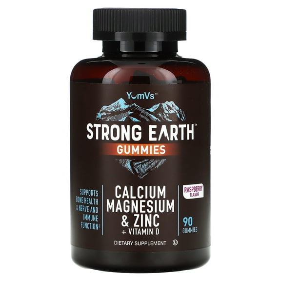 YumVs Strong Earth Gummies, Calcium, Magnesium & Zinc   Vitamin D, Raspberry, 90 Gummies