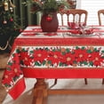thumbnail image 3 of Christmas Tablecloth Square, Classical Red Table Cloth with Sled, Poinsettias and Bell Decorations, Heavy Weight & Spillproof Table Cover for Dining, Party Indoor and Outdoor 52×52 Inch, 3 of 6