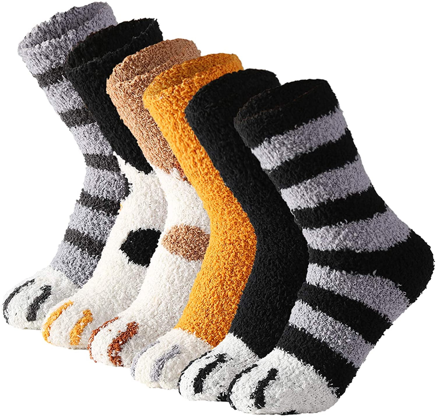 6 Pairs Cute Cat Paw Socks Women Winter Fuzzy Cozy Plush Slipper Socks