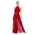 thumbnail image 4 of TiaoBug Womens Lyrical Dance Dress Sleeveless Keyhole Back Shiny Rhinestones Side Split Mesh Maxi Dress Burgundy L, 4 of 7