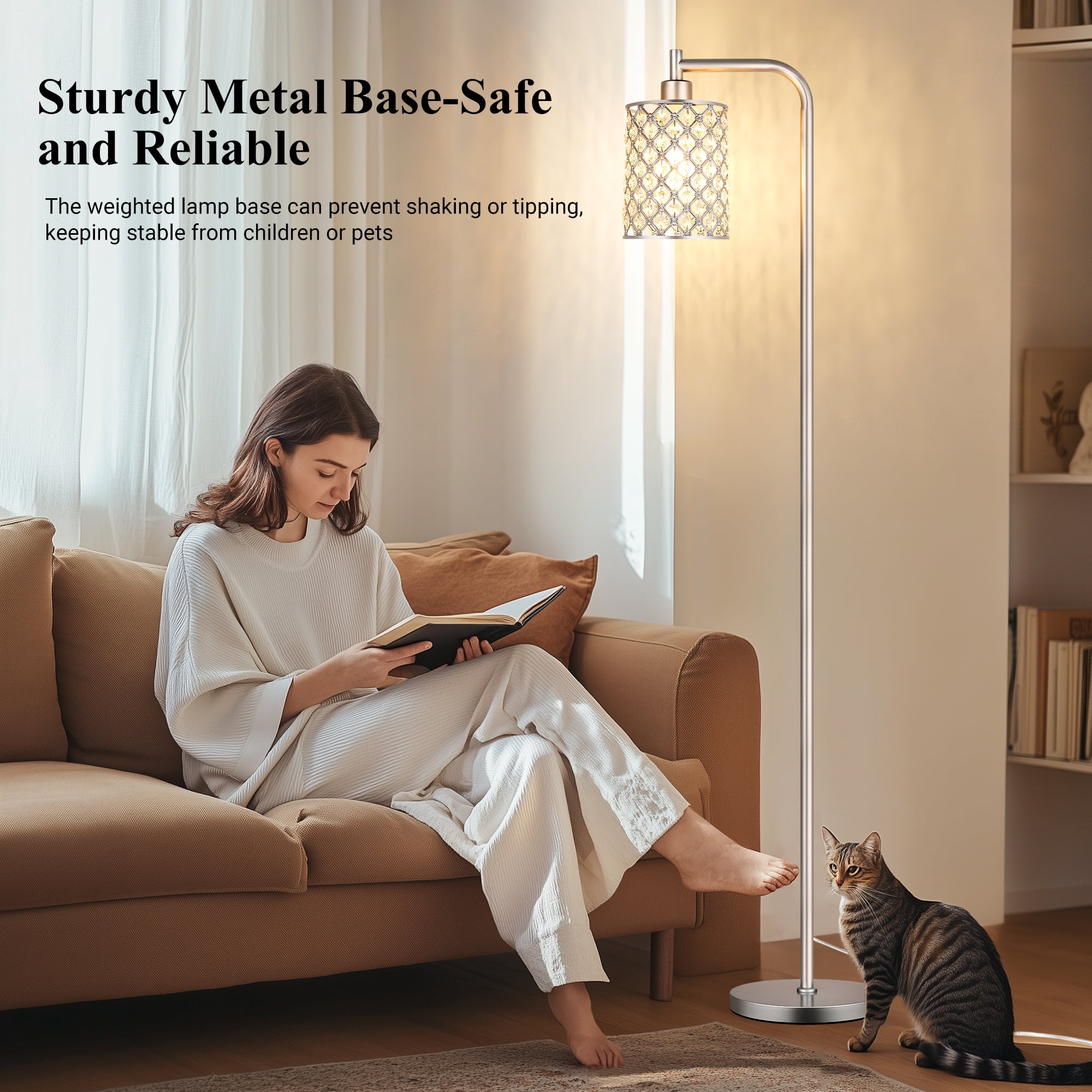 67” Industrial Floor Lamp for Living Room, Modern Standing Lamp with Crystal Lampshade Tall Lamp for Bedroom Study Room, Silver