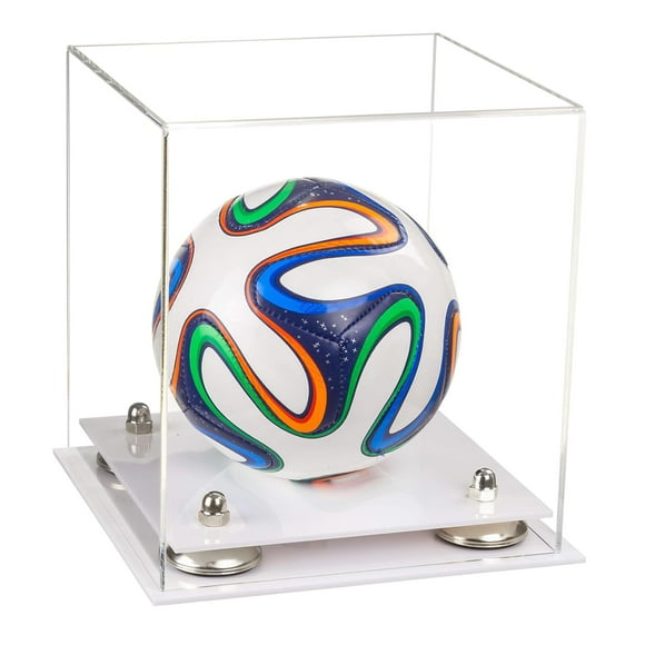 Better Display Cases Clear Acrylic Mini - Miniature (not Full Size) Soccer Ball Display Case with Clear Case, Silver Risers and White Base (A015-SR)