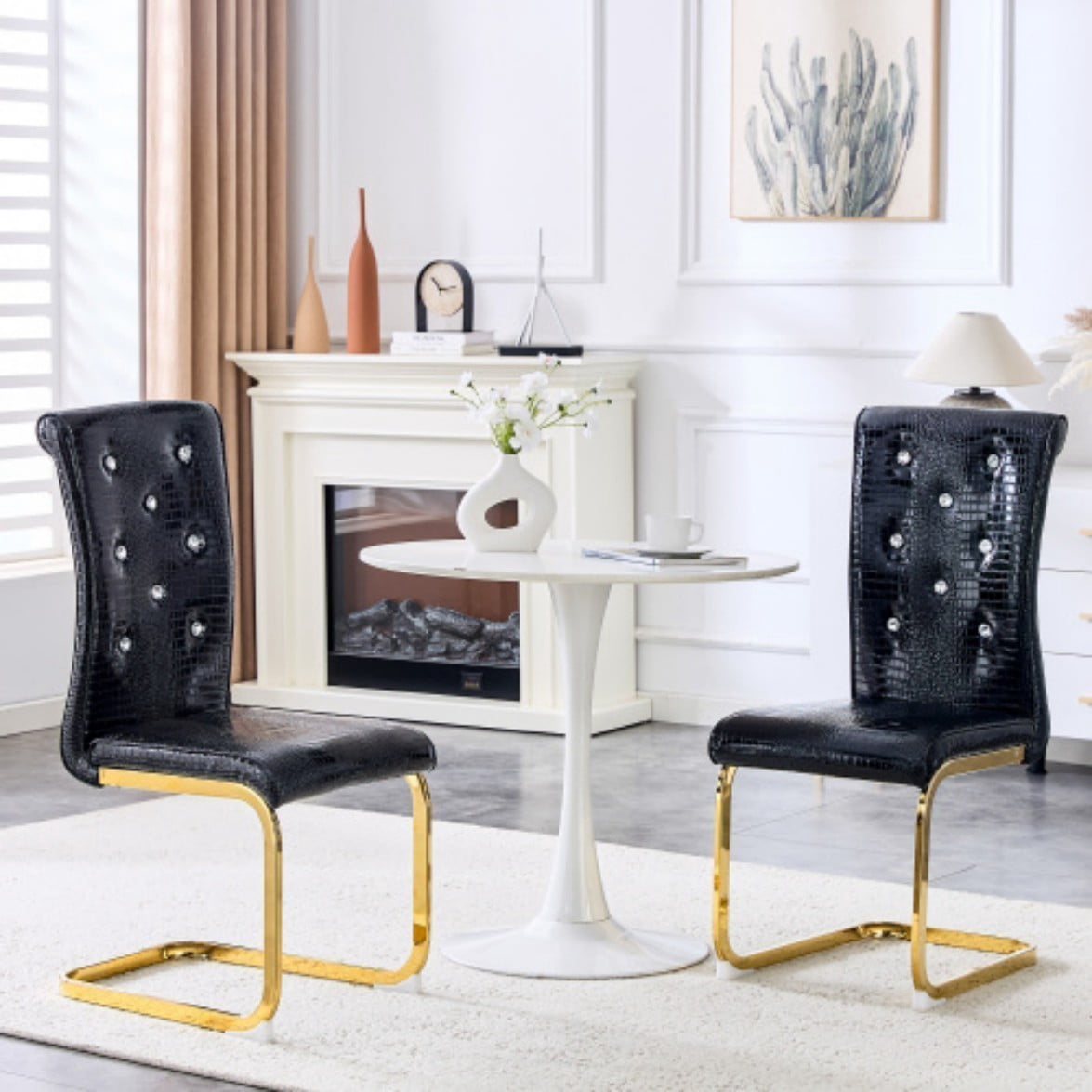 Set of 2 Retro Dining Chairs, Faux Alligator Leather Upholstered Chairs with Crystal Button Details & Plated Metal Bow Legs, 400 LBS, Black & Gold