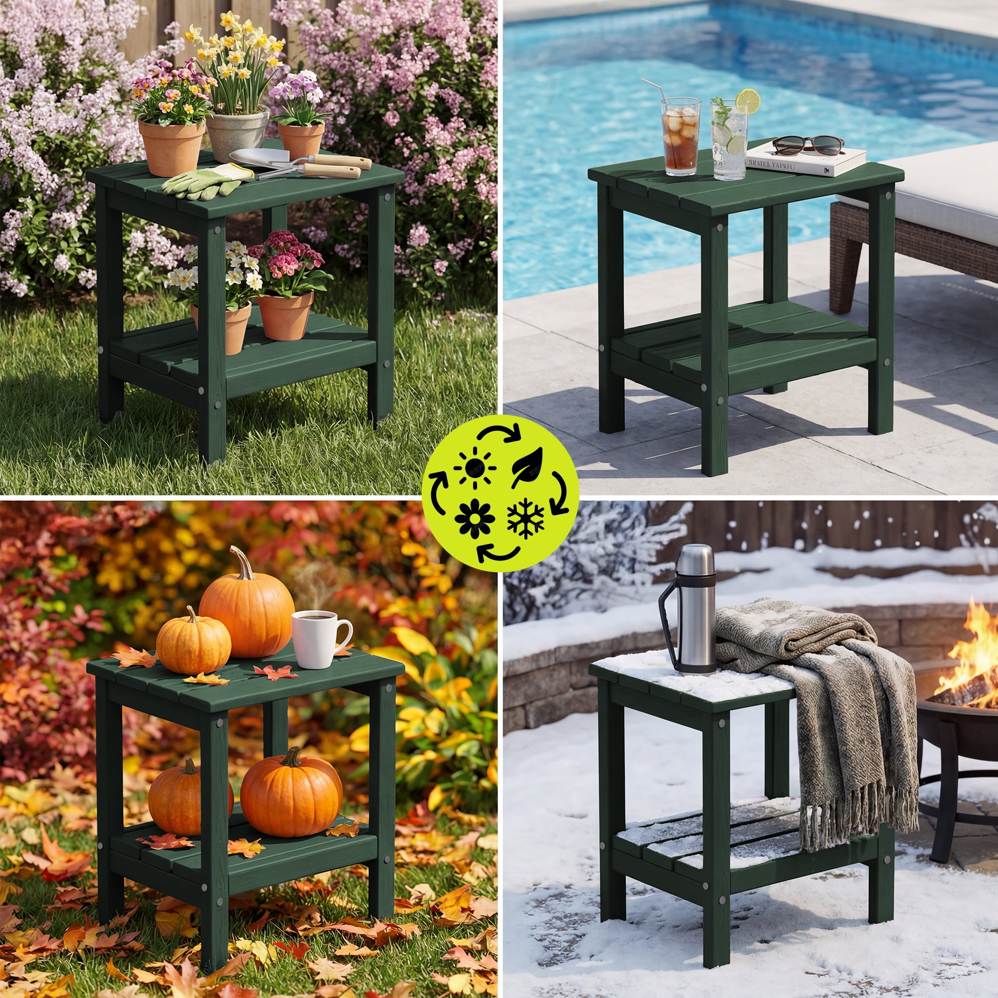 FUNDAZE HDPE 2-Layer End Table for Living Room, Outdoor Side Table, Patio Small End Table, Dark Green