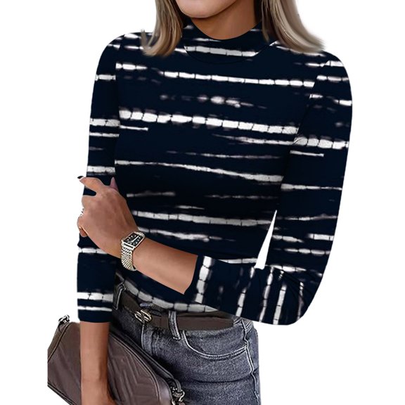 ASDFVBKG Mock Neck Tops for Women Comfy Long Sleeve Base Layer Shirts Striped Print Tunic Fashion Undershirt Casual Slim Fit Lounge Outfits Clothes Black 2XL