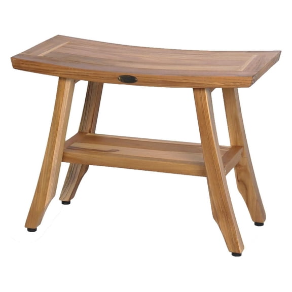Drevy Teak Shower Bench 24″ Natural Wood Shower Stool with Curved Seat and Shelf Wooden Seat Shower Stool for Indoor and Outdoor Use
