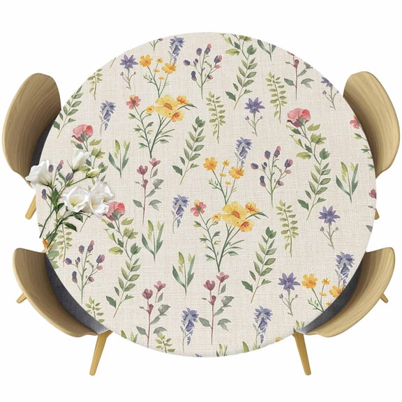 Round Table Cover 55-60 Inch Wildflowers Blossom Waterproof Reusable Table Cloth Round Fitted Vinyl Tablecloth with Elastic Edged for Parties Outdoors, Spring Pastoral Botanical Flowers Beige