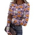 thumbnail image 2 of Halloween Shirts for Women Long Sleeve Slim Ribbed Funny Pumpkin Ghost Tunic Tops Holiday Crew Neck Fall Spring Basic Tees Purple Pink M, 2 of 6