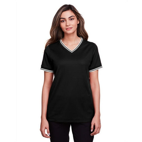 Devon & Jones Ladies' V-Neck Polo 2XL Black/White