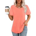 thumbnail image 4 of Tops de empalme de manga corta plisados para mujer, de Color sólido Jersey de rayas con cuello redondo, camiseta femenina, camisetas informales cómodas de verano, 4 of 5
