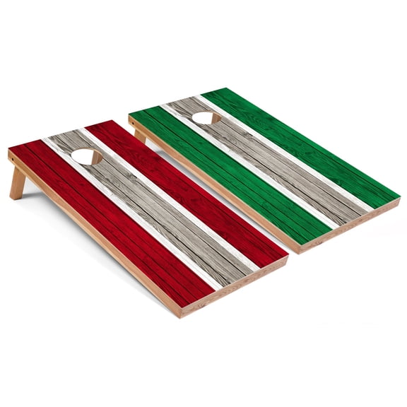 Skip's Garage | Red and Kelly Striped Cornhole Boards | Includes (2) Boards, (8) Bags & Optional Accessories