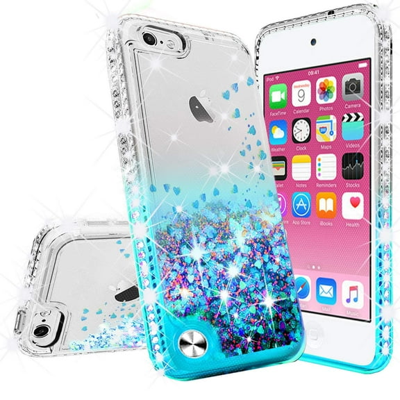 New iPod Touch 7 Case, iPod 7/6/5 Case [Tempered Glass Screen Protector],Glitter Liquid Quicksand Waterfall Bling Sparkle Diamond Case For Apple iPod Touch 5/6th/7th Generation (Clear/Aqua)