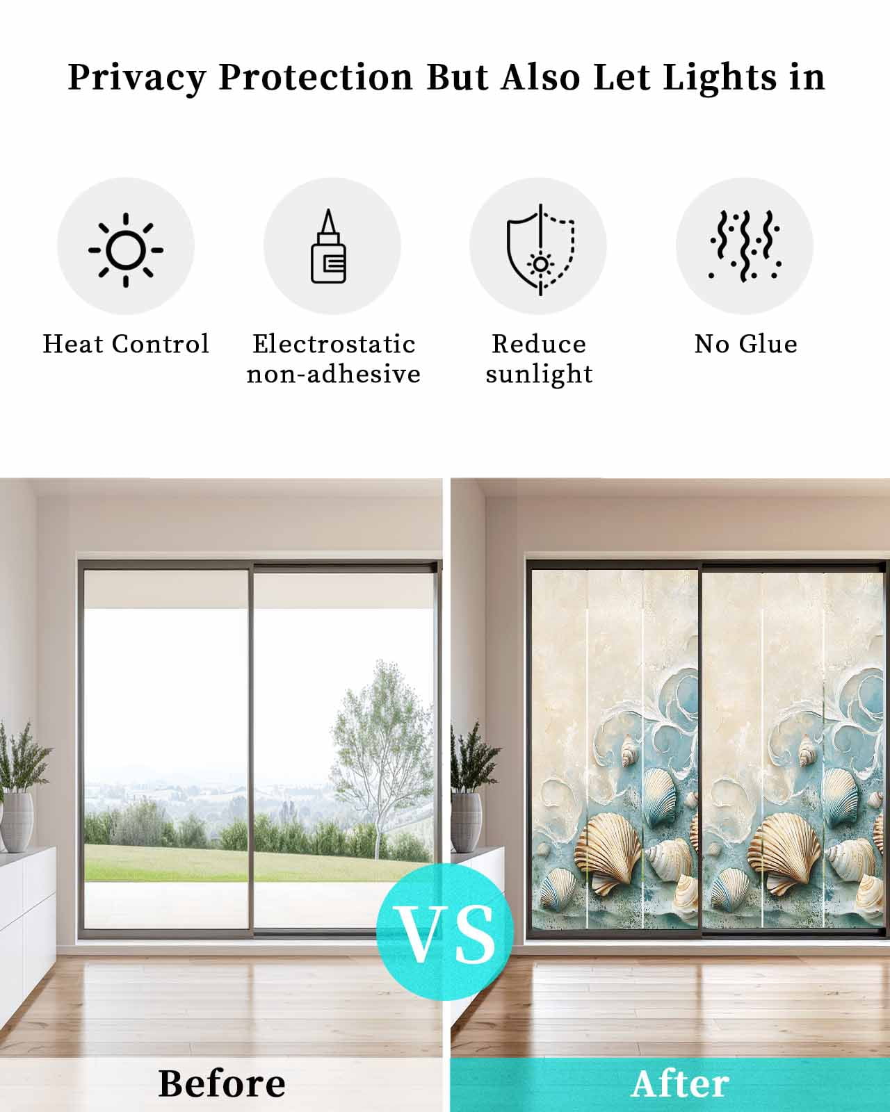 Window Privacy Film Coastal Shell Stained Glass Window Film Decorative Sun Block Window Cover Summer Beach Nautical Seaside Window Clings Static Adhesive Sticker for Bathroom 23.6"x59"