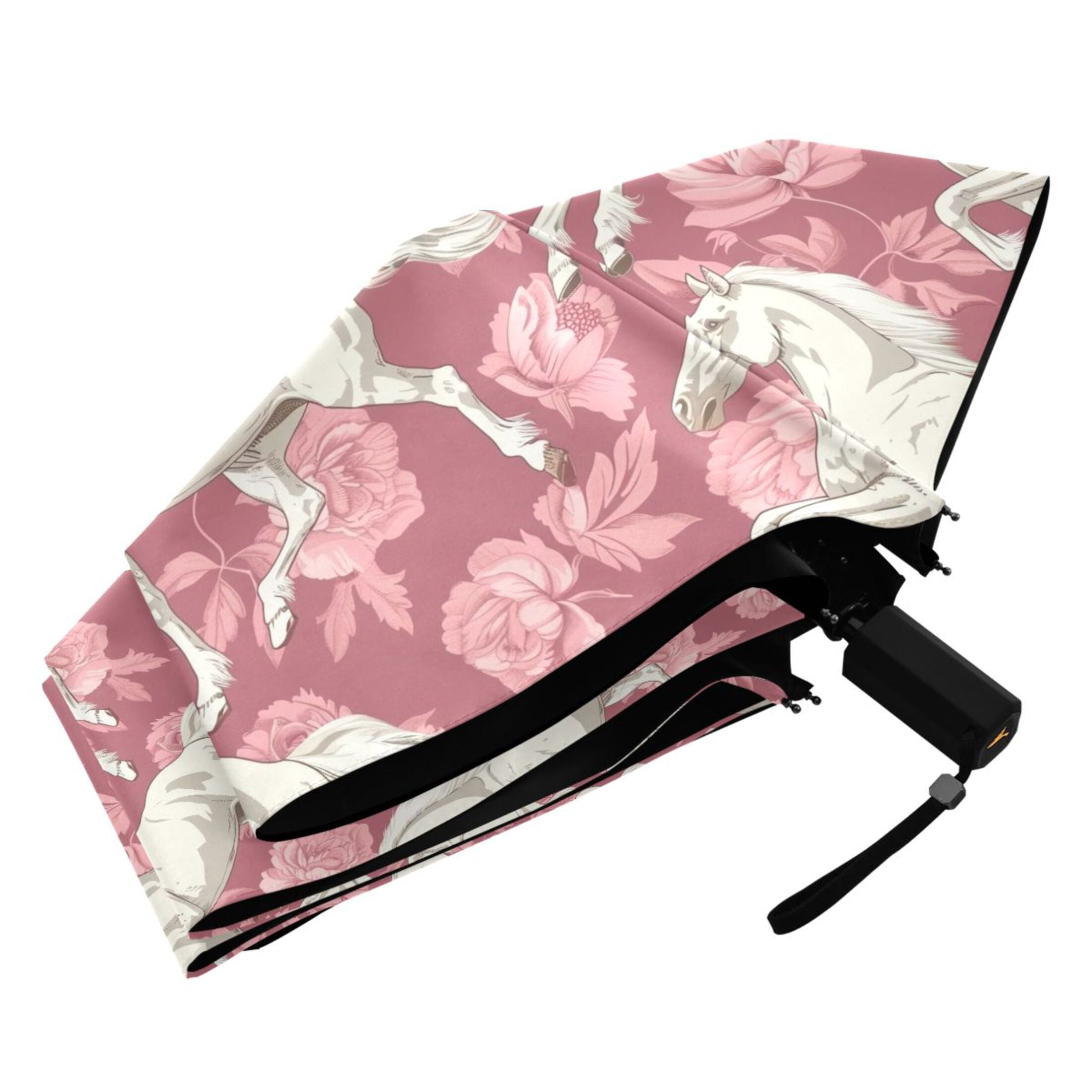 White Horse and Peonies Compact Sun Umbrella Windproof Travel Umbrellas for Rain Strong Portable UV Protection