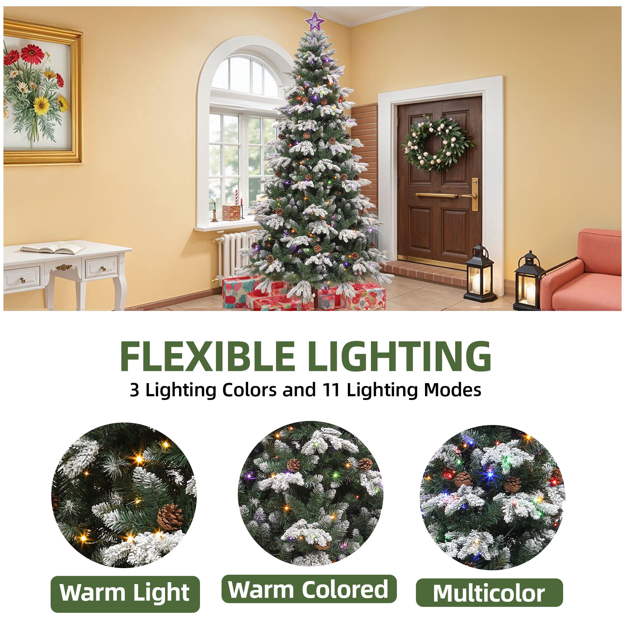 Uforic 7.5ft Prelit Flocked Tiered Christmas Tree with 1200 Tips, 400 Remote-Controlled Lights, and Pine Cones