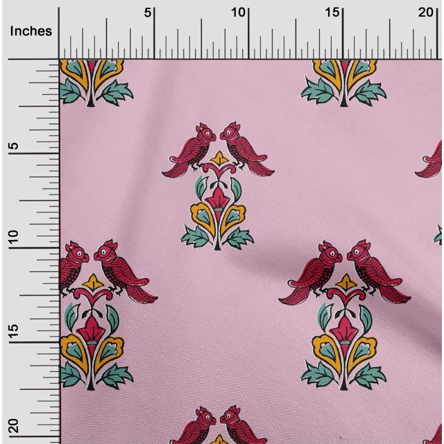 oneOone Silk Tabby Fabric Leaves|Bird & Floral Block Print Sewing Fabric BTY 42 Inch Wide