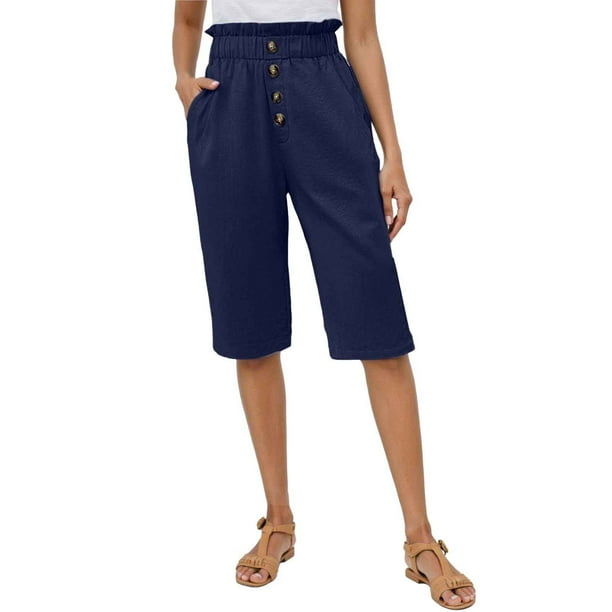 Pantalones de mujer con cintura elástica de mezcla de lino liso - Pantalones informales holgados con bolsillos, S-XXL