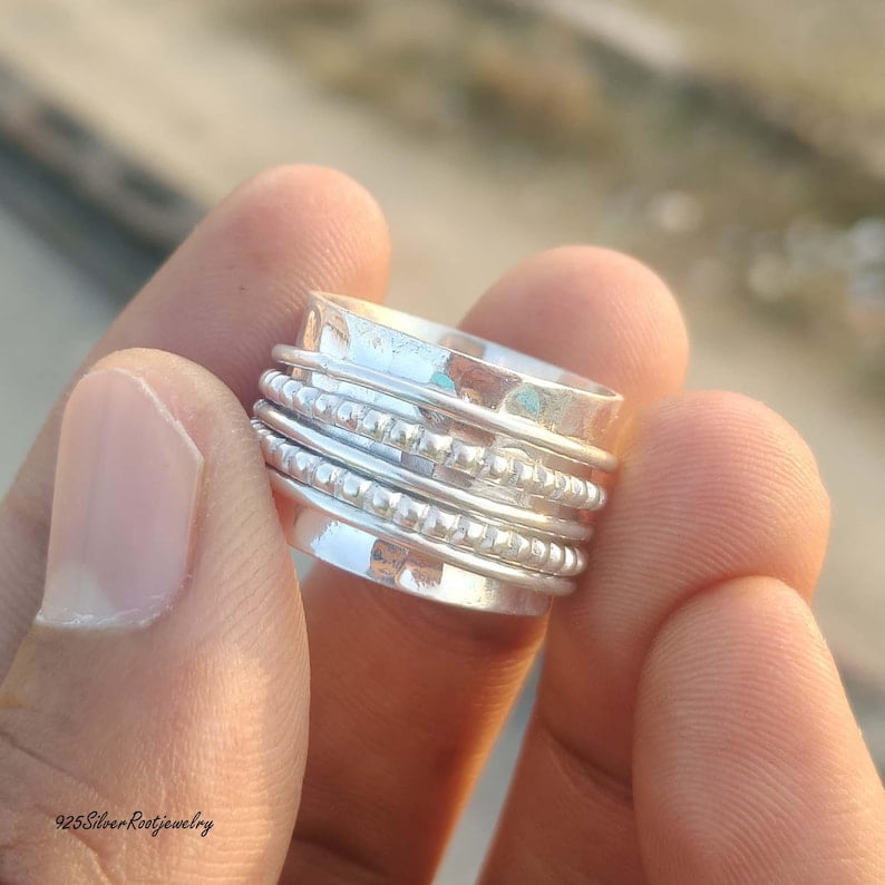 TRIDHA SILVER- Silver Fidget Spinner Ring - Wide Hammered Sterling Band With Textured Rope Meditation Design For Anxiety Relief & Unisex Minimalist Jewelry